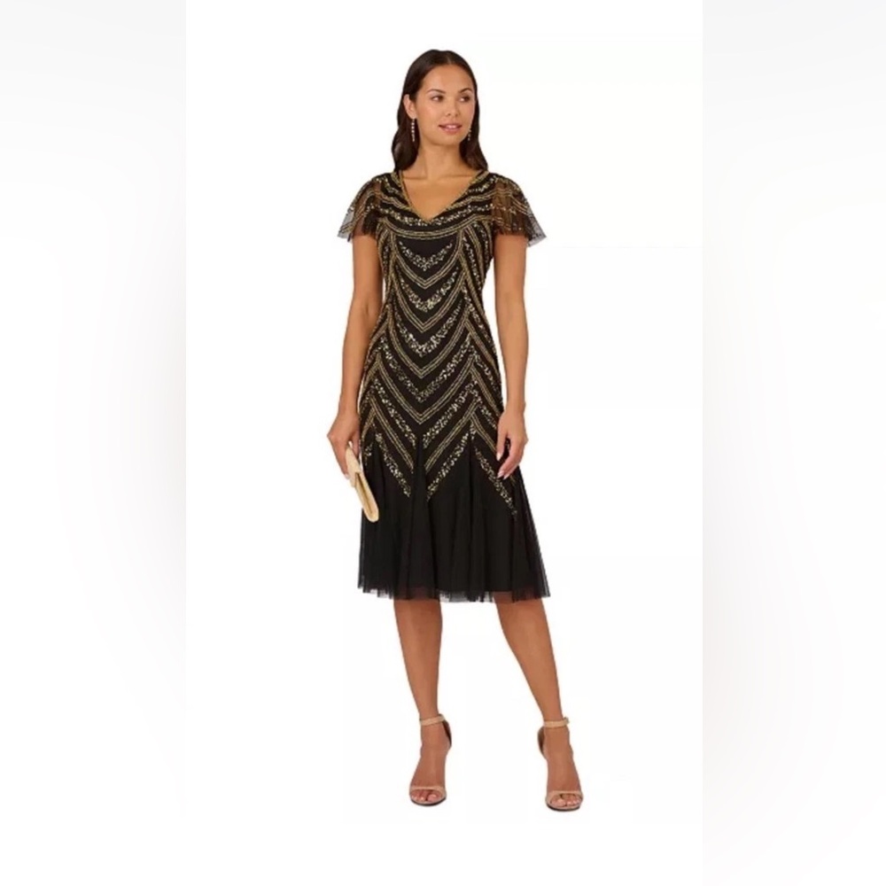 Adrianna Papell Black and Gold Midi Dress